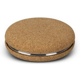 A round cork compact mirror with a sleek metal edge, featuring a natural cork surface.