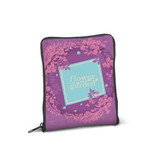 A zipped pouch featuring a vibrant purple design with floral patterns and a central blue square. It has a logo.