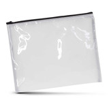 A large clear cosmetic bag with a black zipper, featuring a simple, modern design and a logo.