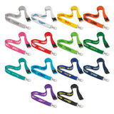 A variety of 3D logo lanyards in different colours, featuring various designs and attachments.
