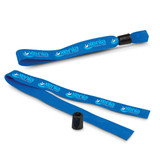 A blue event wristband with a black adjustable closure, featuring a logo along its length.