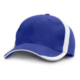 A blue cap with white accents and a curved peak, featuring a logo on the front.