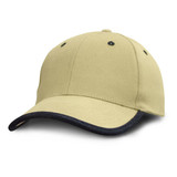 A khaki cap with a dark navy peak, featuring stitched panels and a logo on the front.