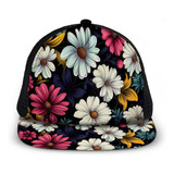 A floral-patterned flat peak mesh cap featuring various flowers in pink, white, and yellow on a black background.