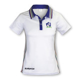 A custom women's tennis top in white with a blue collar and multicoloured stripes, featuring a logo.