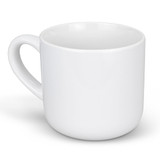 A white coffee mug with a round shape and a single handle. It has a smooth finish and includes a logo.