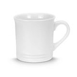 A white coffee mug with a curved handle and a smooth finish, featuring a subtle raised band around the base.