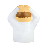 A stress relief toy shaped like a figure with a beige head and white body, featuring brown hair. It has a logo on it.