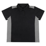 A black and grey polo shirt featuring a collar and short sleeves, with a logo on the chest area.