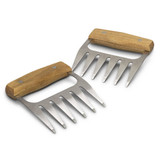 A pair of stainless steel meat shredding claws with wooden handles. They have a rugged design for easy gripping.