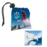 A blue microfibre pouch with a drawstring, featuring a logo and an image of a skier on the front.