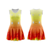 A women's full-skirt netball dress in yellow and orange with a flame design, featuring a zip and a logo.
