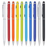 A collection of stylus pens in a variety of colours, including red, orange, yellow, green, blue, and black, with silver accents.