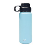 A drink bottle in light blue with a black infuser lid and a logo on the body.