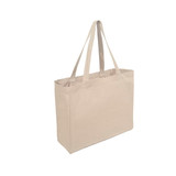 A natural beige tote bag with two sturdy handles and a simple design. It features a branding logo.