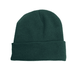 A warm, knitted acrylic beanie in a dark green colour with a rolled cuff. It features a logo.