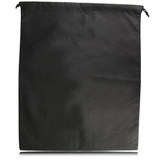 A black drawstring pouch with a smooth surface and a closure cord at the top, featuring a logo.