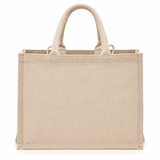 A large jute shopping bag in a natural beige colour with sturdy handles and a simple design.