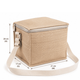 A jute cooler bag in a natural beige colour, featuring a zip closure and an adjustable strap.