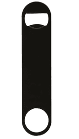 A black powder-coated steel bottle opener featuring a simple paddle style design and a logo.