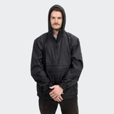 A black windbreaker jacket with a front pocket and hood, featuring a logo.