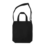 A black tote bag with short handles and a long shoulder strap, featuring a branding logo.