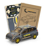 A wooden model of a hatchback car in grey, featuring a logo and accompanied by assembly parts and instructions.
