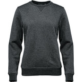 A grey women's pullover sweater with a crew neck and long sleeves, featuring a subtle texture.