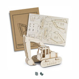A wooden model of an excavator in natural tones, accompanied by assembly instructions and a branded logo.