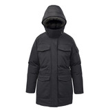 A black women's parka jacket with a hood, featuring multiple front pockets and a sleek design.