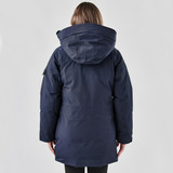A navy blue women's Denali parka featuring a hood and a casual fit, viewed from the back.