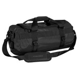 A black duffle bag with adjustable straps and a logo, featuring a zippered opening and sturdy handles.