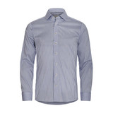 A men's button-up shirt featuring a blue and white check pattern, complete with a collar and long sleeves.
