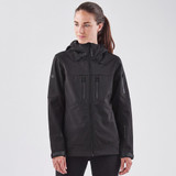 A black softshell jacket with a hood, featuring multiple zippered pockets and a logo.