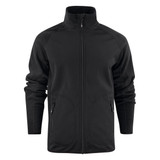 A black men's softshell fleece hybrid jacket featuring a zip front and two side pockets. It has a logo on it.