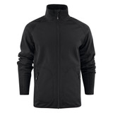 A black softshell fleece hybrid jacket featuring a zip front and two side pockets, with a logo on the chest.