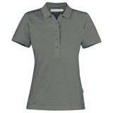 A grey women's cotton polo shirt featuring a three-button placket and a discreet logo.