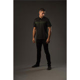 A man's black polo shirt with green stripe detailing is displayed on a model in a neutral background.