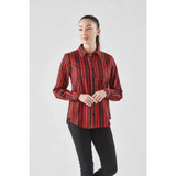 A long sleeve button-up shirt in a red and black plaid pattern, featuring a logo.