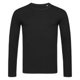 A black long sleeve shirt with a crew neck and a small logo on the chest area.