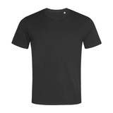 A black crew neck t-shirt with short sleeves. The shirt features a logo on the front.