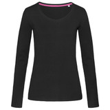 A black women's long sleeve t-shirt featuring a V-neck design and a contrasting inner neckline.