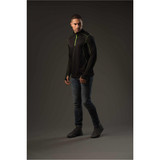 A men's black fleece pullover with neon green detailing, featuring a high collar and a zip neck.