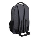 A grey laptop backpack featuring padded straps and side mesh pockets. It has a sleek and modern design.