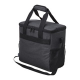 A grey cooler bag with a zippered top, handles, and a side mesh pocket. Features a logo.