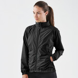 A black women's rain jacket featuring a zip front and elasticised cuffs, with a logo displayed.