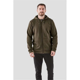 Men's Monashee Fleece Full Zip Hoody in olive green, featuring a drawstring hood and front pockets.
