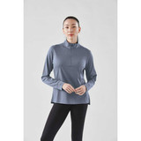 A grey women's pullover with a quarter zip, featuring long sleeves and a logo on the chest.