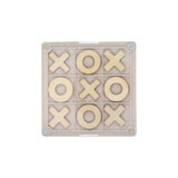 A Noughts and Crosses coaster featuring wooden Xs and Os arranged on a clear, square base.