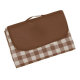 A brown and cream checkered PVC picnic blanket folded with a flap. It features a carry handle for easy transport.